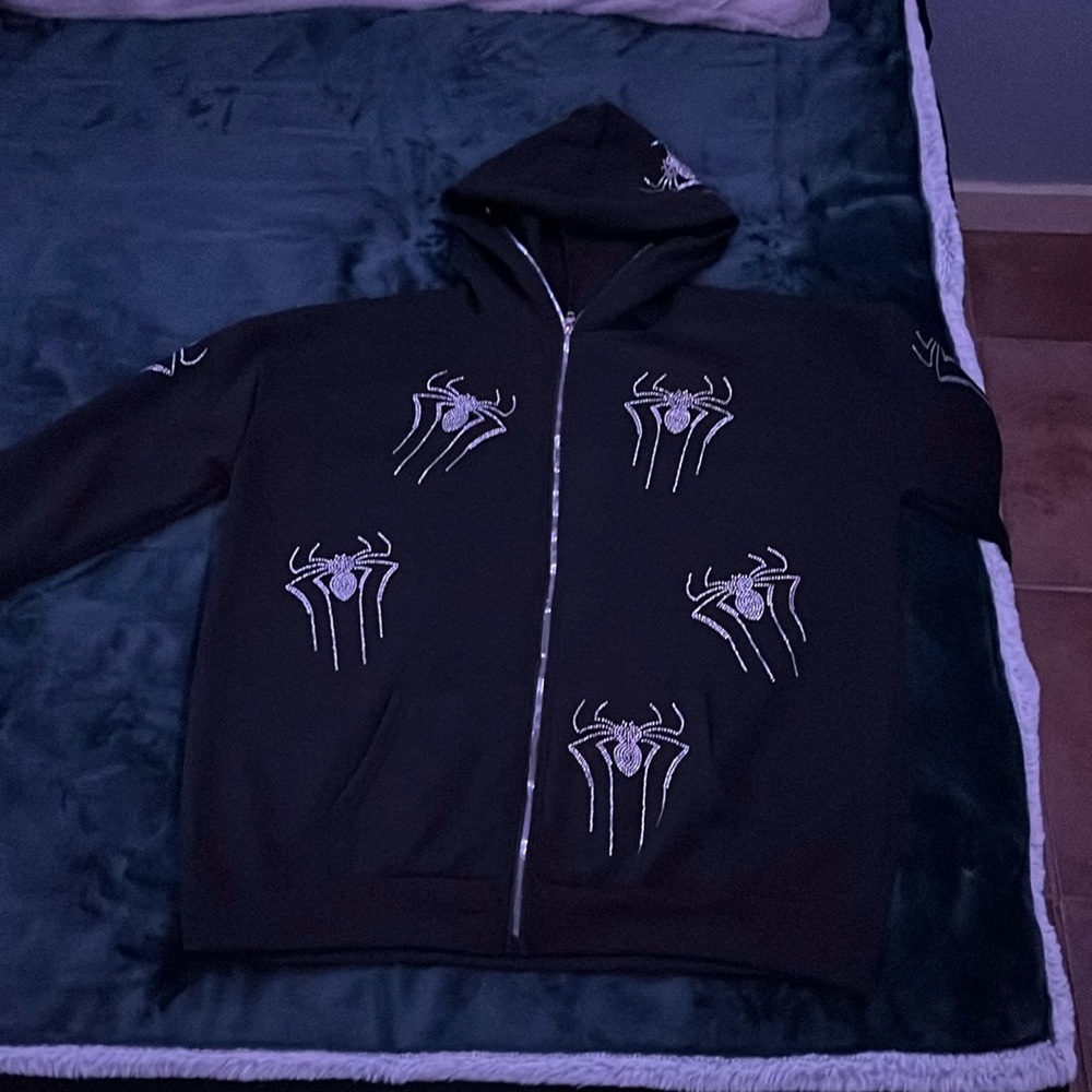 Full zip up black hoodie with spider rhinestone